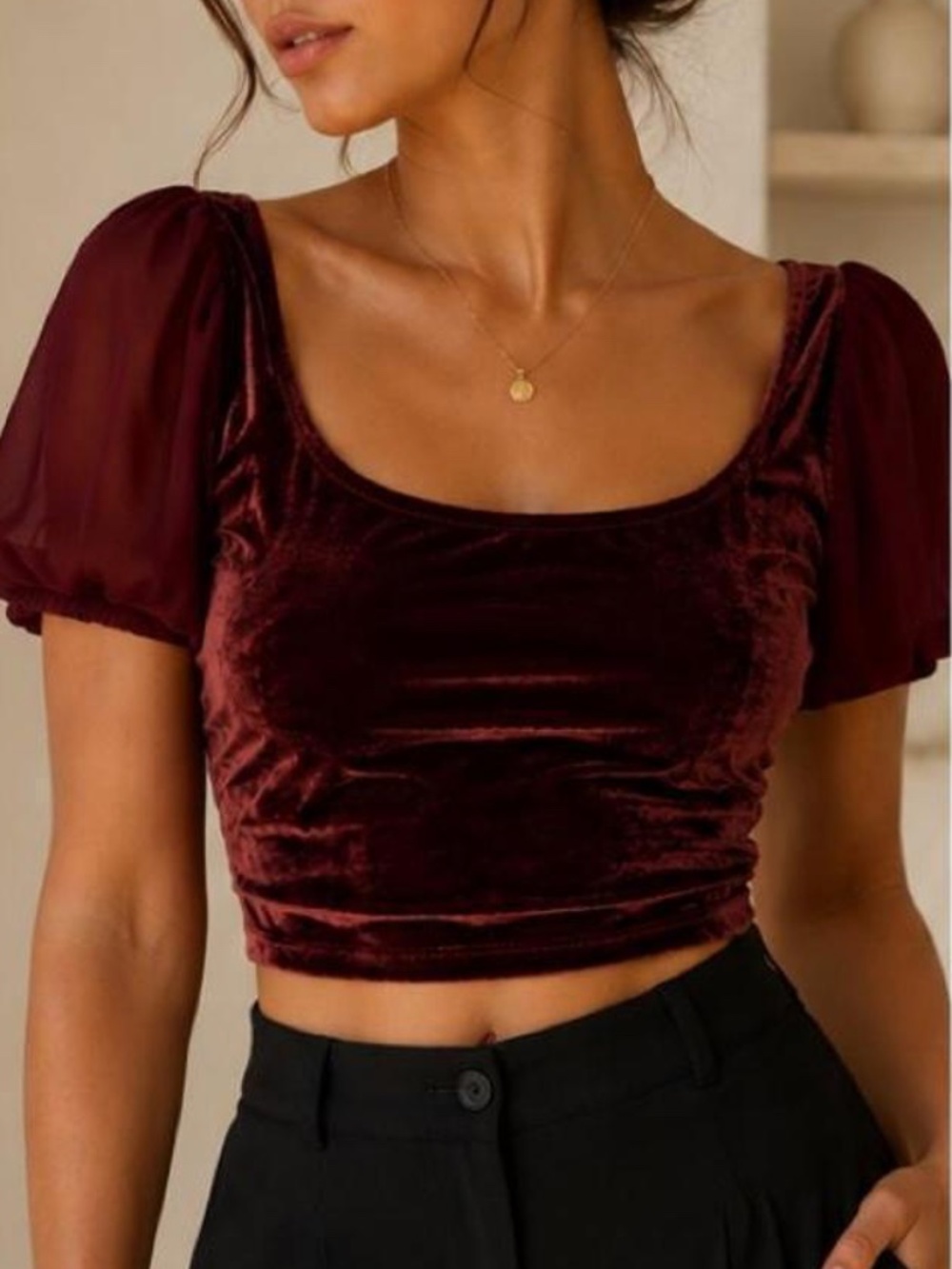 Free People Burgundy Babe Midnight Mood Velvet Crop Top in M